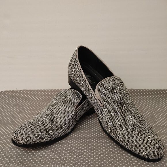 AMALI MEN'S EMELIO METALLIC SILVER GLITTER TUXEDO, SLIP ON LOAFER. SIZE 13D. - Picture 1 of 8